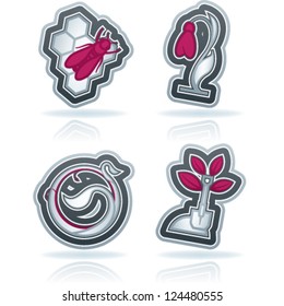 Four concept icons: spring, from left to right, top to bottom:  Bee & honeycomb, Snowdrop flower, Growing plant, Shovel.