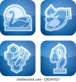 Four concept icons: spring, from left to right, top to bottom:  Swan, Growing plant, Spring tree, Temperature.