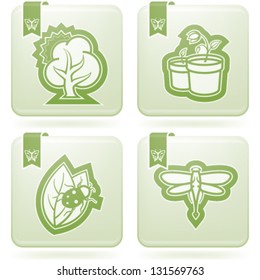 Four concept icons: spring, from left to right, top to bottom:  Tree, Tulip in a pot, Ladybug & leaf, Dragonfly.