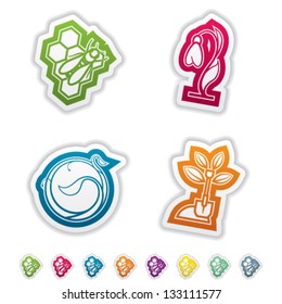Four concept icons: spring, from left to right, top to bottom:  Bee & honeycomb, Snowdrop flower, Growing plant, Shovel.