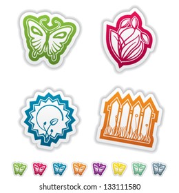 Four concept icons: spring, from left to right, top to bottom:  Butterfly, Tulipes, Growing vegetable, Fence and grass.