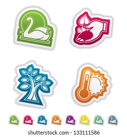 Four concept icons: spring, from left to right, top to bottom:  Swan, Growing plant, Spring tree, Temperature.