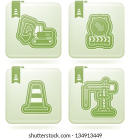 Four concept icons: spring, from left to right, top to bottom: Excavator, Warning sign, Traffic cone, Crane.