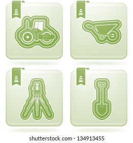 Four concept icons: spring, from left to right, top to bottom: Road roller, Wheelbarrow, Theodolite, Shovel (Spade).