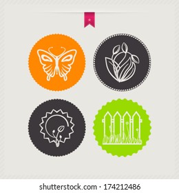 Four concept icons: spring, from left to right, top to bottom: Butterfly, Tulips, Growing vegetable, Fence and grass. 