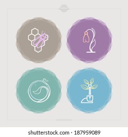 Four concept icons: spring, from left to right, top to bottom -  Bee & honeycomb, Snowdrop flower, Growing plant, Shovel. 