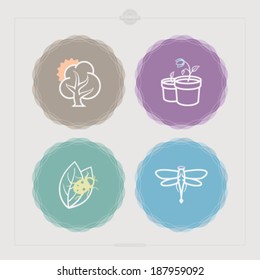Four concept icons: spring, from left to right, top to bottom -  Tree, Tulip in a pot, Ladybug & leaf, Dragonfly. 