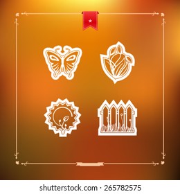Four concept icons: spring, from left to right, top to bottom: Butterfly, Tulipes, Growing vegetable, Fence and grass. 