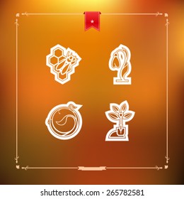 Four concept icons: spring, from left to right, top to bottom: 
Bee & honeycomb, Snowdrop flower, Growing plant, Shovel. 