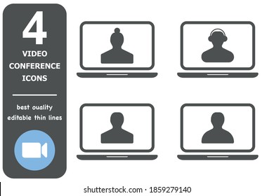 
Four Conference Icons, Meeting, Seminar Icon. Silhouette Of A Man On The Monitor Screen.