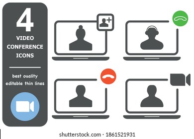 
Four Conference Icons, Meeting, Seminar Icon. Silhouette Of A Man On The Monitor Screen.