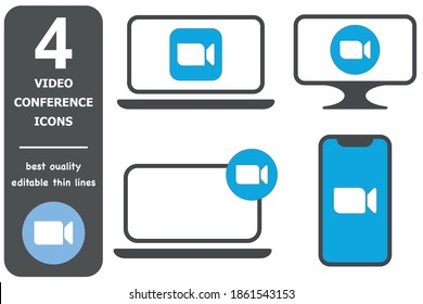 Four Conference Icons, Meeting, Seminar Icon. Silhouette Of A Man On The Monitor Screen.