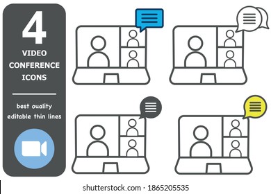 Four Conference Icons, Meeting, Seminar Icon. Silhouette Of A Man On The Monitor Screen.