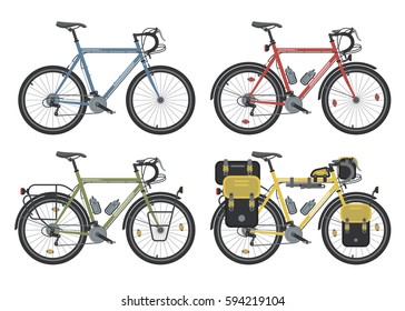 Four configurations of city, touring or trekking bicycles. Bikes for long distance travel around the world. Steel frame and heavy equipped bicycle set. Ecology transport. Detailed vector illustration.