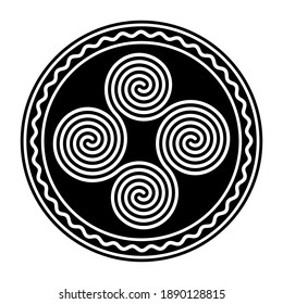 Four connected Celtic double spirals, within a circle frame with a white wavy line. Quadruple spiral, formed by four interlocked Archimedean spirals. Symbol and motif. Illustration over white. Vector.