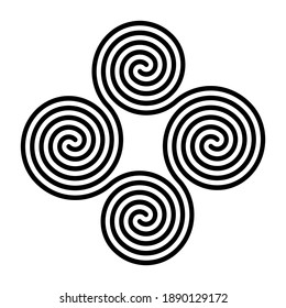 Four connected Celtic double spirals. Quadruple spiral, formed by four interlocked Archimedean spirals. Symbol and motif. Black and white, isolated illustration, on white background. Vector.