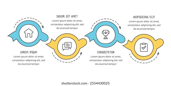Four connected circles with arrows with place for your icons and text, hand drawn infographic template, vector eps10 illustration