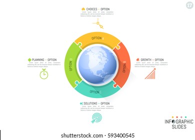 Four connected jigsaw puzzle pieces placed around globe. Global communication and international business networking concept. Infographic design layout. Vector illustration for report, presentation.