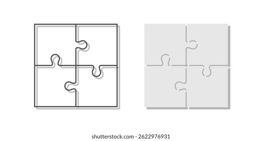 Four connected puzzle pieces, one outlined and one filled version, minimalistic style, isolated on white background, vector illustration.