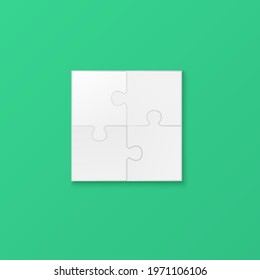 Four connected white paper jigsaw puzzle pieces, realistic vector illustration isolated on green background. Square surface made of blank mosaic elements.