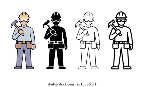 Four construction worker icons with hammer safety glasses and tool belt displayed