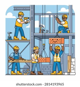 Four construction workers wearing hard hats and safety vests installing large window frames on a building exterior