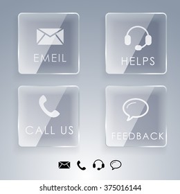 four contact buttons in flat style isolated on white background, vector illustration, eps 10, with transparency. Icons on glass plates. Colorful web design elements. Banner