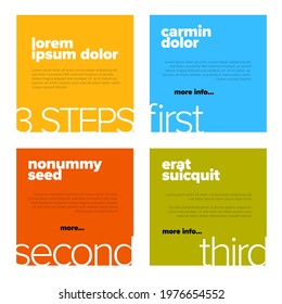 Four content color squares for various steps, tips or options infographic template. Designed layout for some tips or quotes, Infochart with four different items and fresh background color.