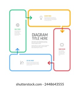 Four content rectangles with arrows in one big cycle multipurpose infographic on white background with sample content, titles ans simple icons. Cycle infochart template