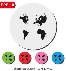 Four continents flat round colorful vector icon.