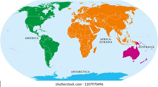 Four continents world map. America, Africa-Eurasia, Australia and Antarctica. Political map with shorelines and borders. Robinson projection. English labeling. Isolated on white background. Vector.