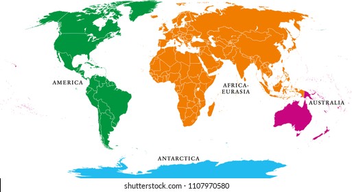 Four continents. World map with national borders. America, Africa-Eurasia, Australia and Antarctica. Political map under Robinson projection. English labeling. Isolated on white background. Vector.