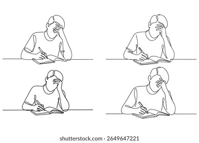 Cuatro dibujos de líneas continuas que ilustran la frustración del estudio y la concentración profunda en fondos blancos