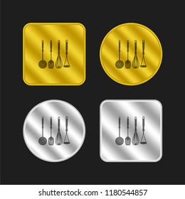Four cooking accessories set for kitchen gold and silver metallic coin logo icon design