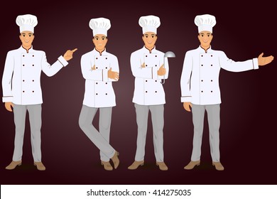 Cuatro cocineros en diferentes poses. Ilustración vectorial. Objetos aislados.