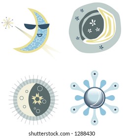 Four cool styles of moonlight. Retro moon, primative moon, art deco moon, and techno moon