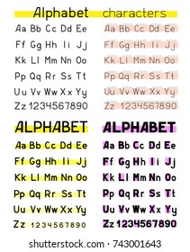 Four copies of the alphabet. Font characters simple vector on a white background. Abc letters and numbers different colors. Printed symbol writing text collection
