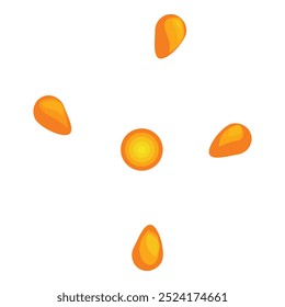 Four corn grains floating around a sliced corncob on a white background