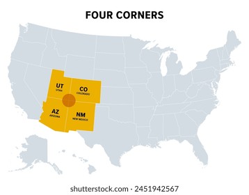 Four Corners, una región del suroeste de Estados Unidos, mapa político. Sólo la región de los Estados Unidos donde cuatro estados comparten un punto límite, que son Arizona, Colorado, el Nuevo México y Utah.