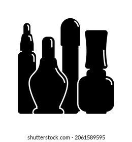 Four cosmetic container nail polish gel oil in row. Female makeup product. Plastic or glass bottle. Fashion and style. Black silhouette. Isolated object. Vector illustration isolated white background.