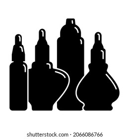 Four cosmetic container nail polish gel oil in row. Female makeup product. Plastic or glass bottle. Fashion and style. Black silhouette. Isolated object. Illustration isolated white background. Vector