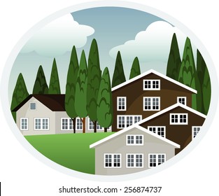four cottages on a background of cypress trees, blue sky and clouds