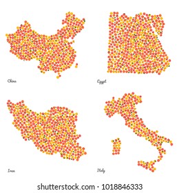 Four country maps made out of pink peaches. Colorful veggie maps. Fruitarian illustration. Largest Peach and Nectarine Producing Countries. For decoration, illustrators or infographics.