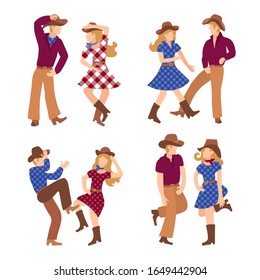 Four couples of cheerful people who dance western dance in boots and traditional American clothes. Vector illustration for competition, dance school poster or party.