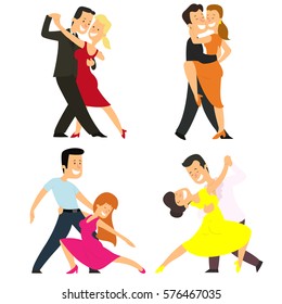 Cuatro parejas bailan bailes clásicos. ilustración vectorial en estilo plano.