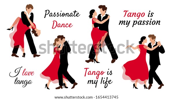 ポーズの違う4組のカップルがタンゴを踊る 男女が平たいスタイルで激しく踊る 競技 祭り お祝いのベクターイラスト 文字と赤と黒のグラフィック のベクター画像素材 ロイヤリティフリー