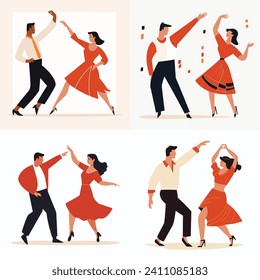 Cuatro parejas en diferentes poses bailando salsa o tango. Hombres y mujeres con atuendo de baile vintage disfrutando de bailes latinos. Evento de baile retro, ilustración del vector de noche de salsa