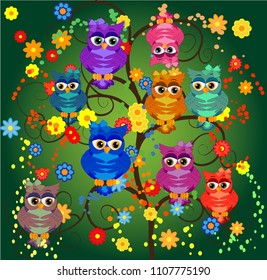 Four couples of owls sitting on branches. Nice elements for scrapbook, greeting cards, invitations, Valentine's cards etc.