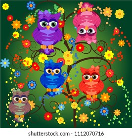 Four couples of owls sitting on branches. Nice elements for scrapbook, greeting cards, invitations, Valentine's cards etc.