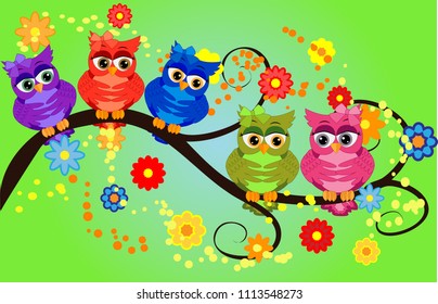 Four couples of owls sitting on branches. Nice elements for scrapbook, greeting cards, invitations, Valentine's cards etc.